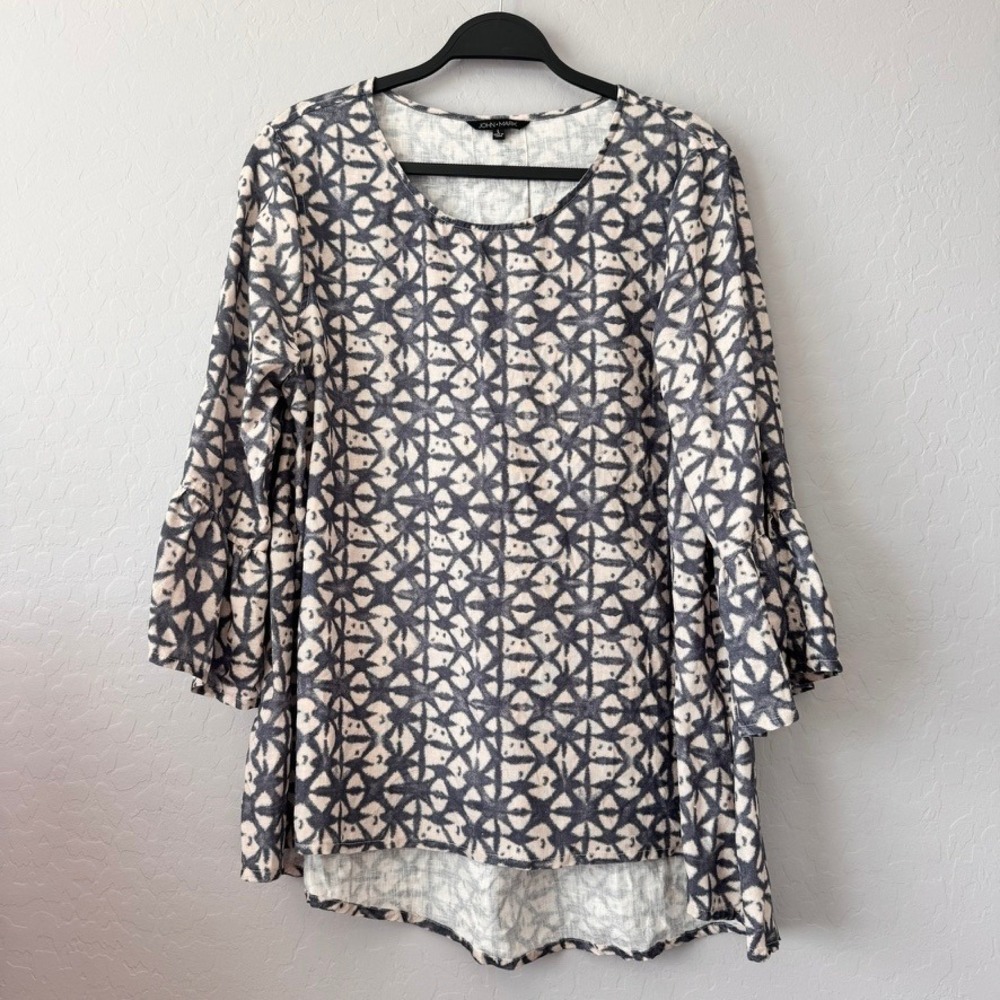 John Mark Large Tunic Top Blue Tan 3/4 Bell Sleeve Linen Geometric High-Low Hem